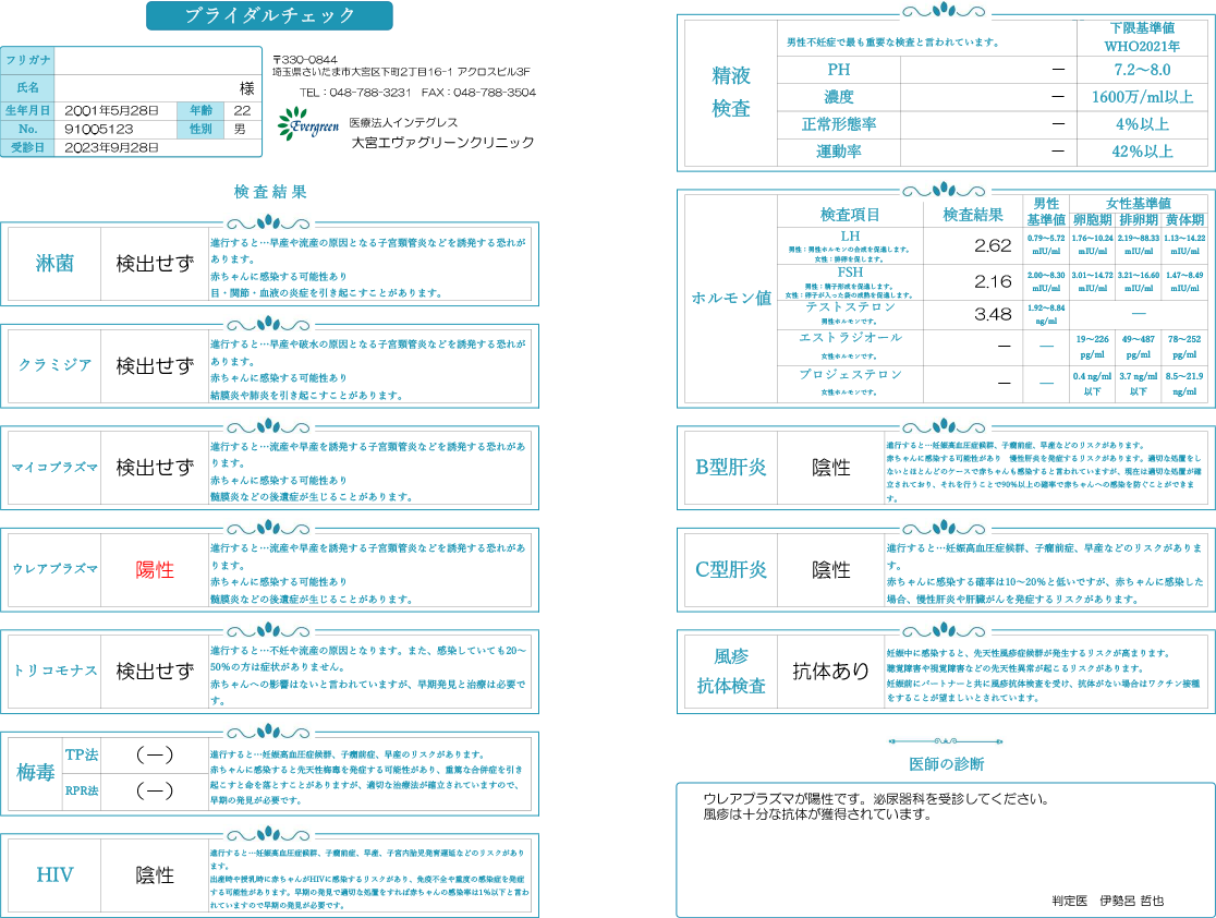 ブライダルチェック検査結果表